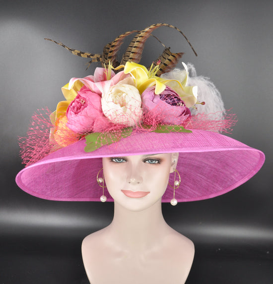 Fuchsia Pink Flower Styles Wide Brim Kentucky Derby Hat, Ascot Hat for Wedding & Tea Party, Garden Party Hat, Mother of the Bride, Church