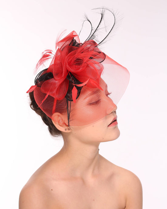 DerbyWedding Feather Floral Organza Headband Fascinator Hat Cocktail Red with Black