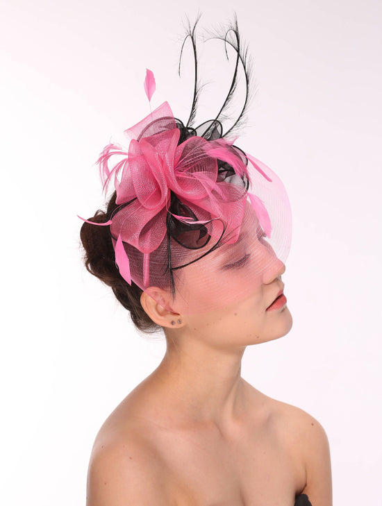 DerbyWedding Feather Floral Organza Headband Fascinator Hat Cocktail Hot Pink with Black