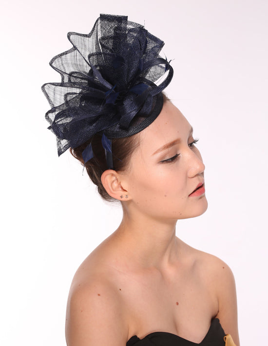 Derby Feather Floral Sinamay Headband Fascinator Hat Navy Blue