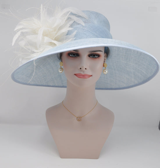Powder Blue Ivory Feather Flower Wide Brim Kentucky Derby Hat,Ascot Hat for Wedding Tea Party, Garden Party Hat, Mother of the Bride, Church
