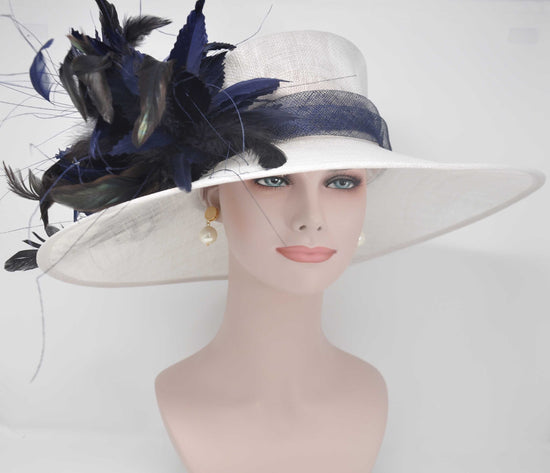 White Navy Wide Brim Kentucky Derby Hat,Ascot Hat for Wedding & Tea Party, Garden Party Hat, Mother of the Bride, Church