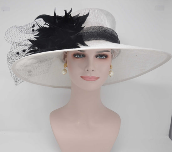 Sinamay Derby Hat: Wide Brim Feathered Church Wedding Hat