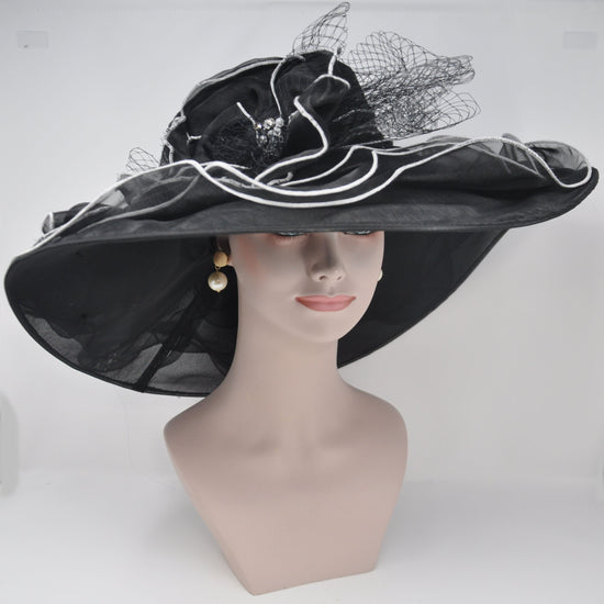 Black White Wide Brim Organza Kentucky Derby Hat, Tea Garden Wedding Party Hat, Ascot Royal Party Hat, Mother of the Bride Hat