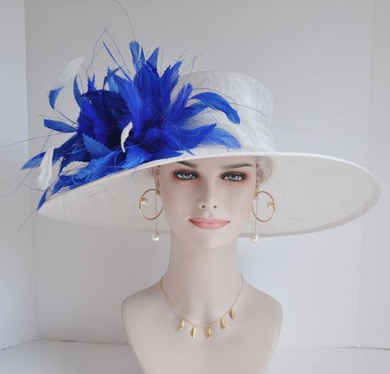 Sinamay Derby Hat: White Wide Brim with Royal Blue Feathers