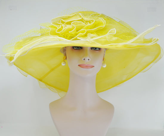 Wide Brim Yellow Derby Hat, Organza Flower, Tea Party Wedding