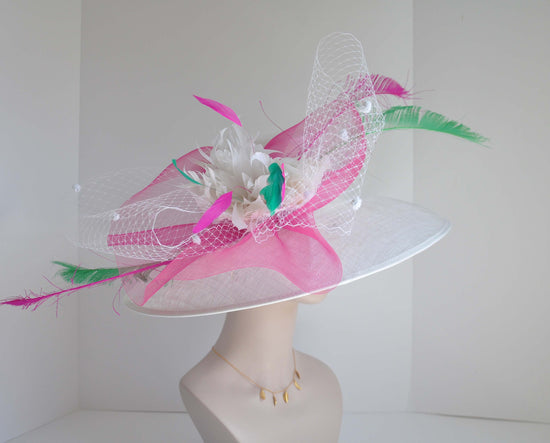 Sinamay Derby Hat: Wide Brim White & Hot Pink Feather Ascot Hat