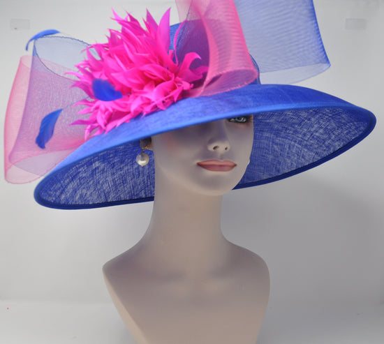Royal Blue Sinamay Derby Hat, Wide Brim Ascot Fascinator
