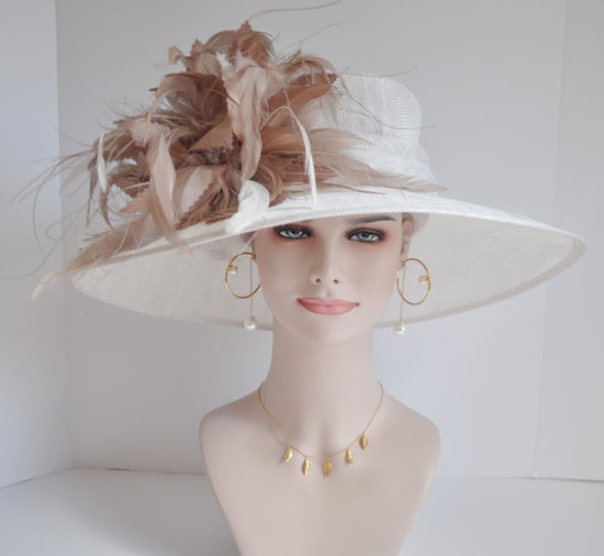 White Taupe Wide Brim Kentucky Derby Hat, Ascot Hat for Wedding & Tea Party, Garden Party Hat, Mother of the Bride,Church