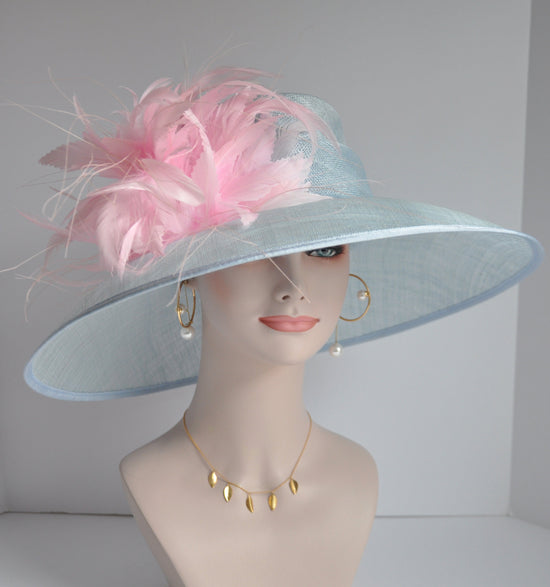 Powder Blue Pink Feather Flowers Wide Brim Kentucky Derby Hat, Ascot Hat for Wedding Tea Party, Garden Party Hat, Mother of the Bride,Church