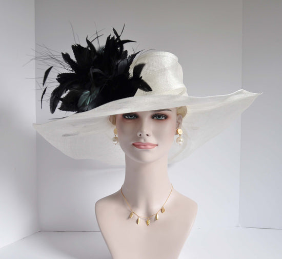 Ivory Sinamay Derby Hat: Black Feather Flower Wide Brim