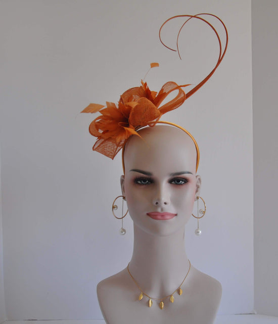 DerbyFeather Floral Sinamay Headband Fascinator Cocktail Orange