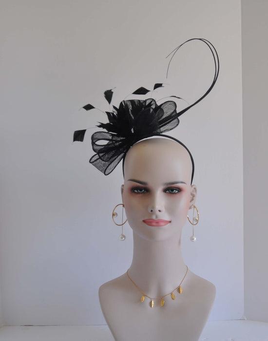 DerbyFeather Floral Sinamay Headband Fascinator Hat Black