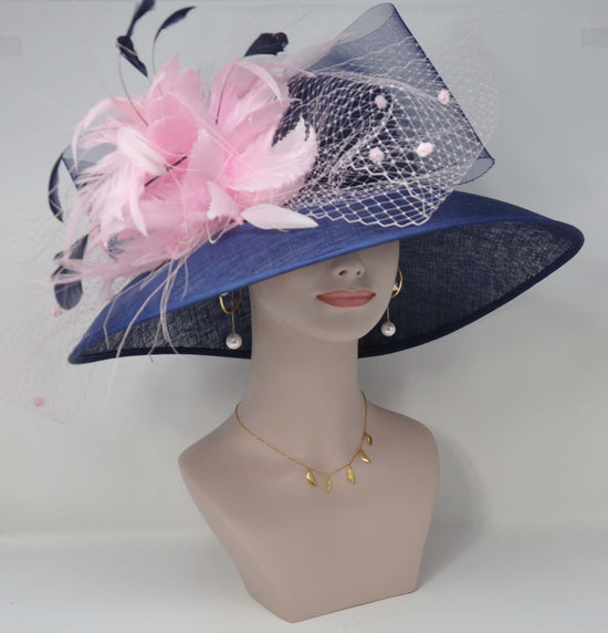 Navy Blue Derby Hat: Feather Flower Tea Party Hat