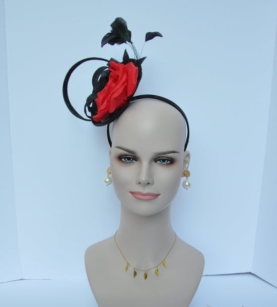 Red Silk Rose Fascinator Hat, Black Sinamay Headband, Races Hat