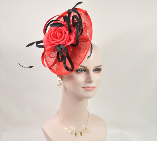 Red Silk Rose Fascinator Hat, Sinamay Races Derby Hat