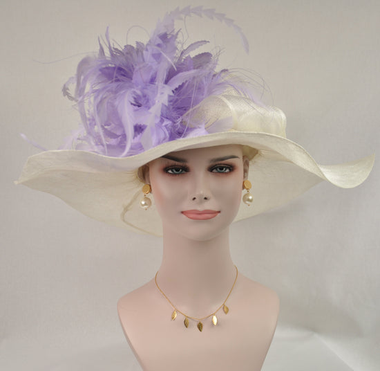 Ivory Sinamay Derby Hat with Lavender Feather Flower