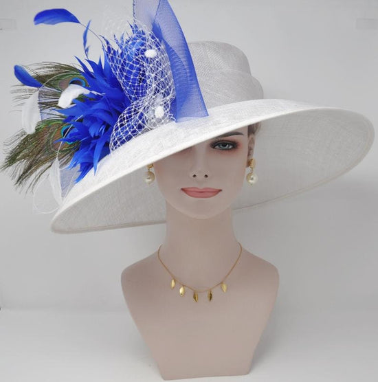 Wide Brim Kentucky Derby Hat, Ascot Hat for Wedding & Tea Party, Garden Party Hat, Mother of the Bride, Church-White w Royal Blue Peacock