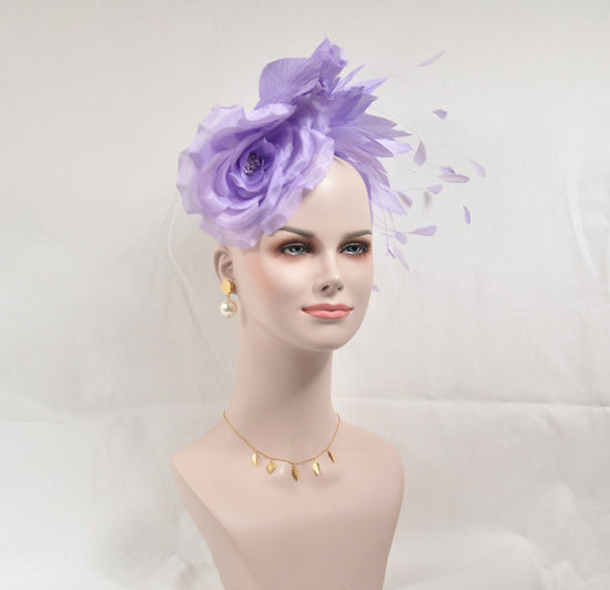 Lavender Silk Flower Fascinator Hat with Feather Flowers