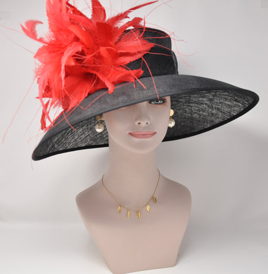 Black Wide Brim with Red Flowers Wide Brim Sinamay hat, Kentucky derby Hat, Wedding Guest Hat, Tea Party Hat, Ascot Royal Hat