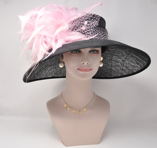 Black Pink Feather Flower Wide Brim Kentucky Derby Hat, Ascot Hat for Wedding & Tea Party, Garden Party Hat, Mother of the Bride,Church