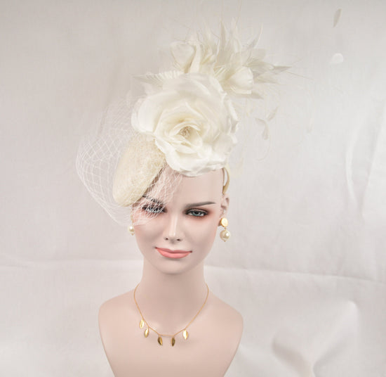 Ivory Sinamay Fascinator Hat with Silk Flower & Feathers