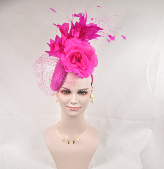 Kentucky Derby Fascinator Hat, Ascot Hat for Wedding & Tea Party, Garden Party Hat, Mother of the Bride,Church-Hot Pink Silk Flower Feather