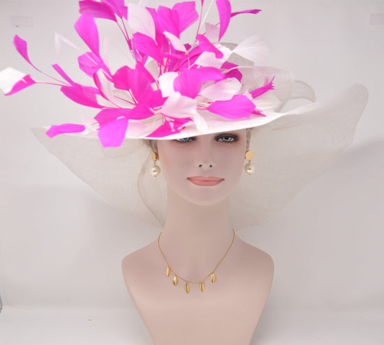 White Sinamay Derby Hat: Hot Pink Feather Flower Wide Brim