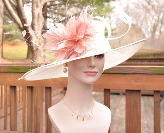 Ivory Derby Hat, Pink Feather Flower, Wide Brim