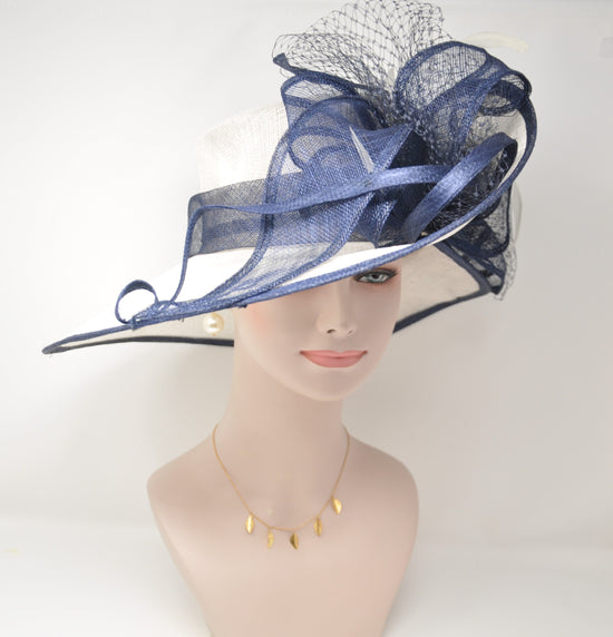 White Navy Sinamay Wide Brim Kentucky Derby Hat,Ascot Hat for Wedding & Tea Party, Garden Party Hat, Mother of the Bride, Church