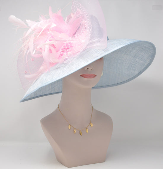 Powder Blue Sinamay Derby Hat: Pink Feather Wide Brim Ascot Hat