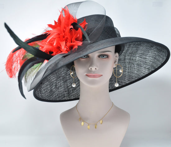 Black Red Peacock Feathers Wide Brim Kentucky Derby Hat, Ascot Hat for Wedding & Tea Party, Garden Party Hat, Mother of the Bride, Church
