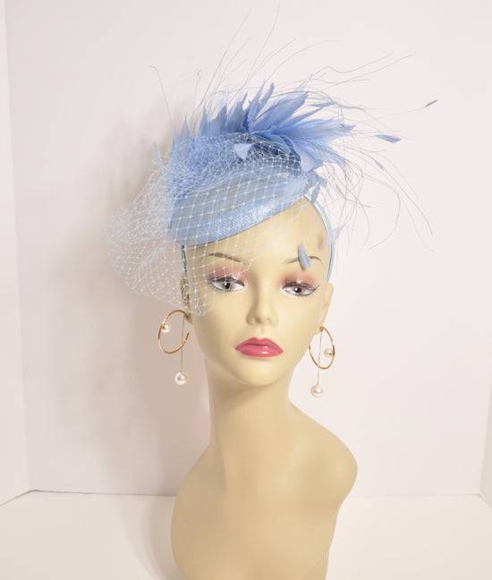 Powder Blue Feather Fascinator Hat: Sinamay Headband, Royal Ascot Races