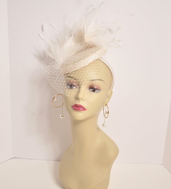 White Sinamay Fascinator Hat: Goose & Rooster Feather Flowers