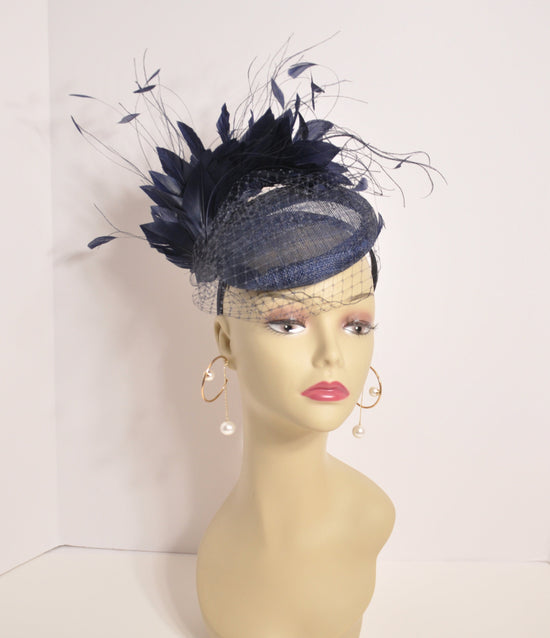 Navy Blue Feather Fascinator Hat, Sinamay Headband, Royal Ascot Style