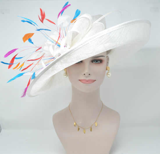 White Colorful Feathered Wide Brim Kentucky Derby Hat, Ascot Hat for Wedding & Tea Party, Garden Party Hat, Mother of the Bride, Church