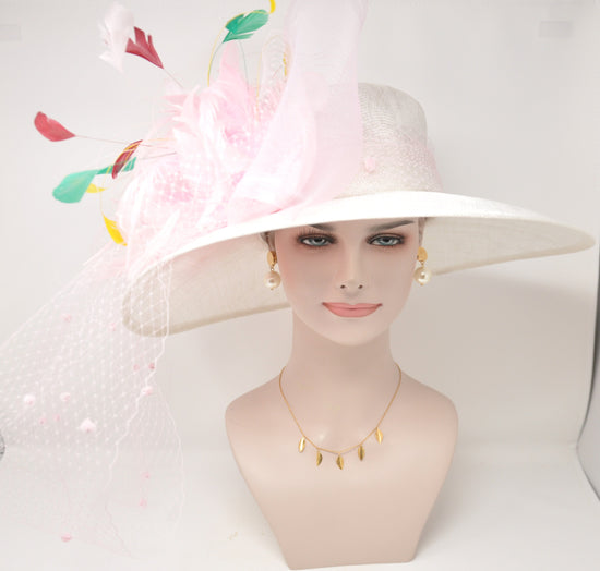 Wide Brim Sinamay Derby Hat: Feather Flower Royal Ascot Fascinator