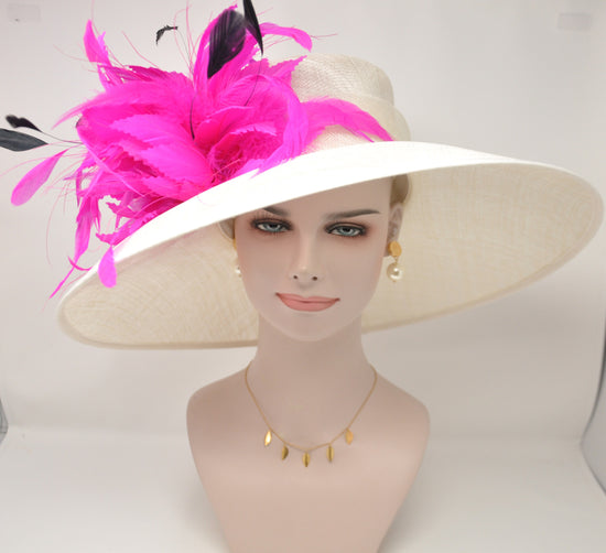 Wide Brim Sinamay Derby Hat: Ivory, Hot Pink Feather Flower
