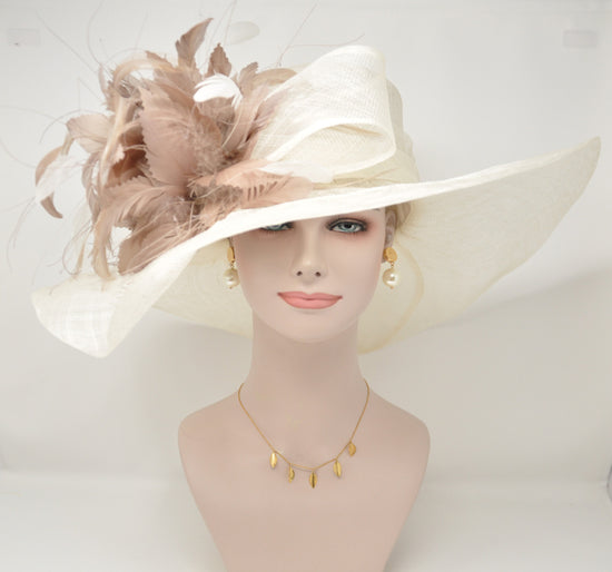 Wide Brim Sinamay Derby Hat: Ivory Feather Flower Church Hat