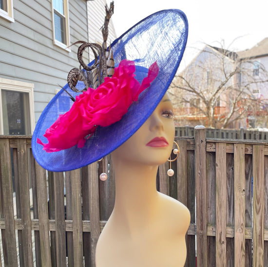 Royal Blue Sinamay Disc Fascinator Hat with Handmade Silk Flowers and Feathers