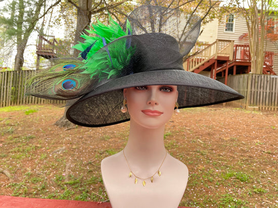 Black Derby Hat: Green Feather Peacock Fascinator