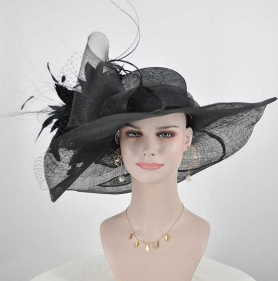 Black Derby Hat: Feather Flower Sinamay Church Hat