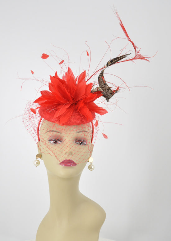 Red Sinamay Fascinator Hat, Feather Flower, Jumbo Netting