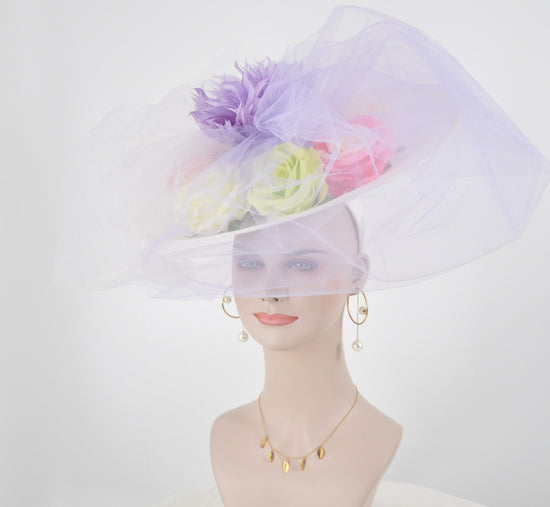 Sinamay Disc Fascinator Hat: White with Silk Flowers & Tulle Bows
