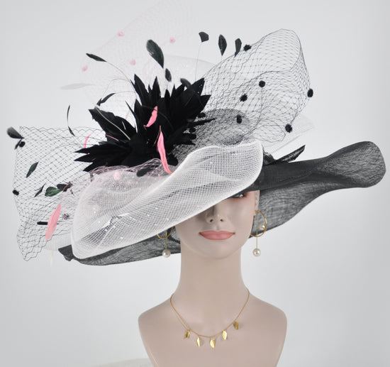 Black White Pink Sinamay Derby Hat, Feather Flower Tea Party Hat