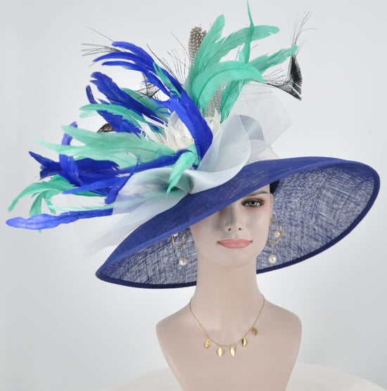 Royal Blue Teal Blue White Wide Brim Sinamay Hat for Kentucky Derby, Ascot Racing Hat, Elegant Wedding Guest Hat, Mother of the Bride Hat