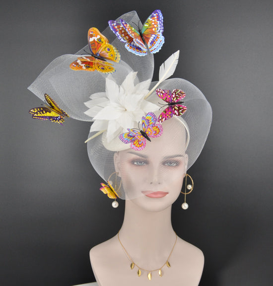 Wide Brim Kentucky Derby Fascinator Hat, Ascot Hat for Wedding & Tea Party, Garden Party Hat, Mother of the Bride, Church White Butterflies
