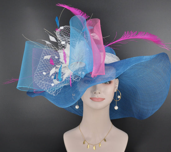 Blue Sinamay Derby Hat: Pink Feather Flower Tea Party Hat
