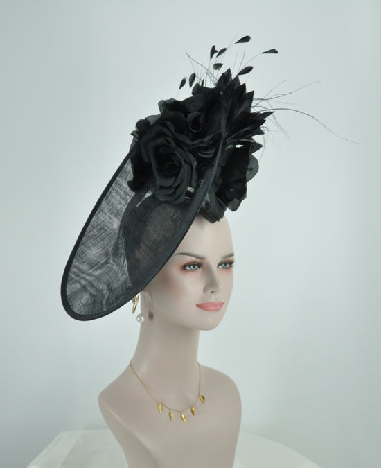 Black Sinamay Disc Fascinator Hat with Jumbo Silk and Feather Flowers