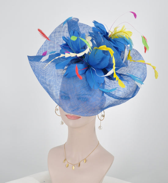 Jumbo Blue Sinamay Fascinator Hat with Jumbo Flower and Colorful Feathers